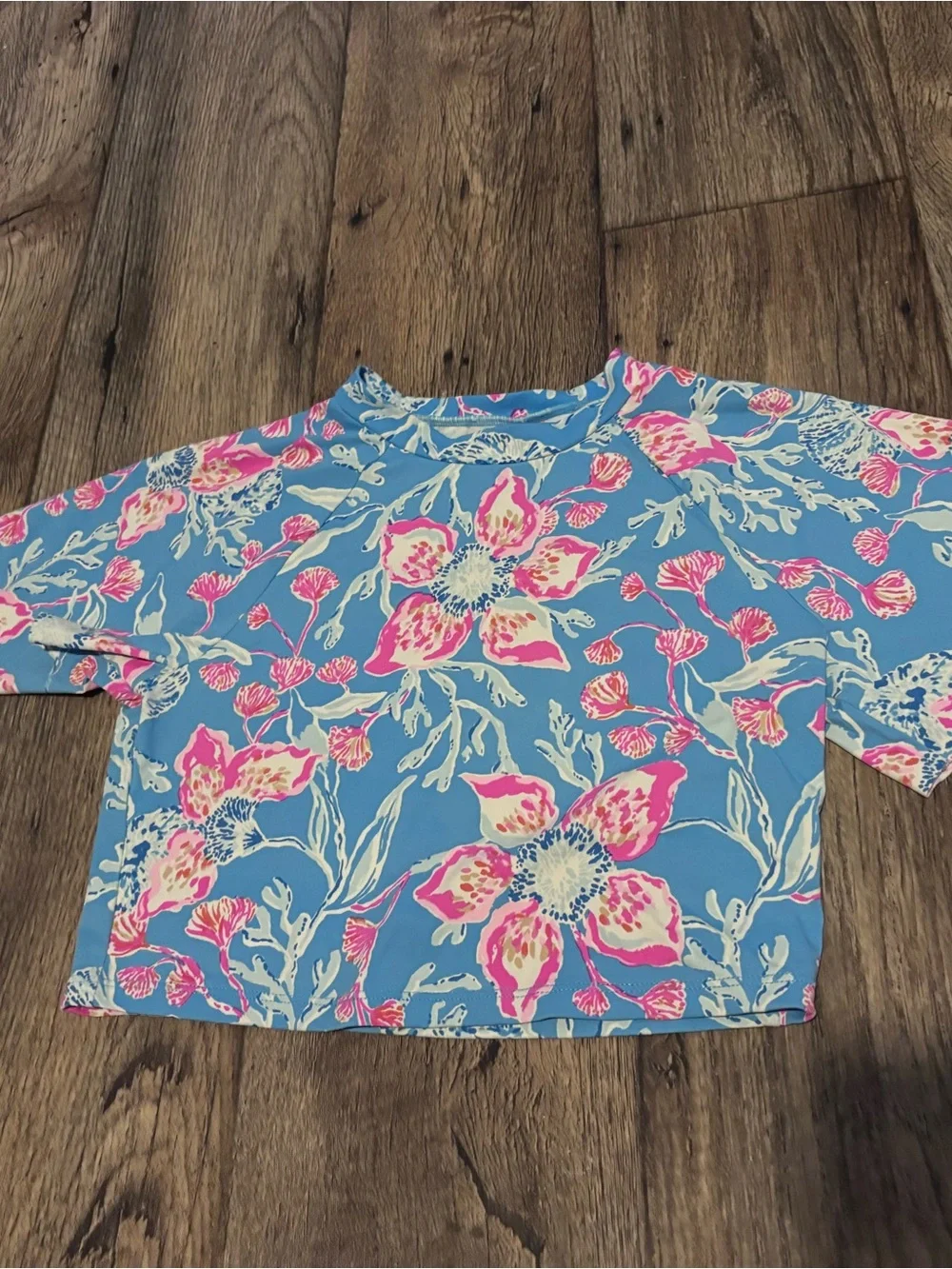 Girls Blue Floral Crop Top SWIM Top - Pink & White Flowers